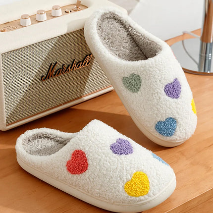 Cute Color Heart Women Slippers Valentine's Day Embroidery Fuzzy Romantic Love Comfy Flat Girl Friend Gift Winter Home Shoes