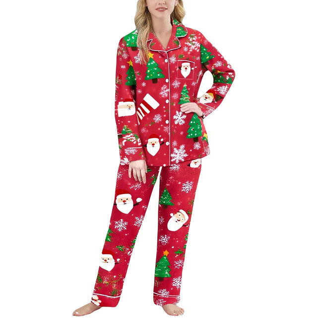 Women's Satin Pajama Set Santa Claus Print Long Sleeve Button up Shirt And Pants for Christmas Loungewear
