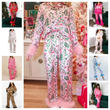 Women's Christmas Tree Plaid Satin Print Pajama Set