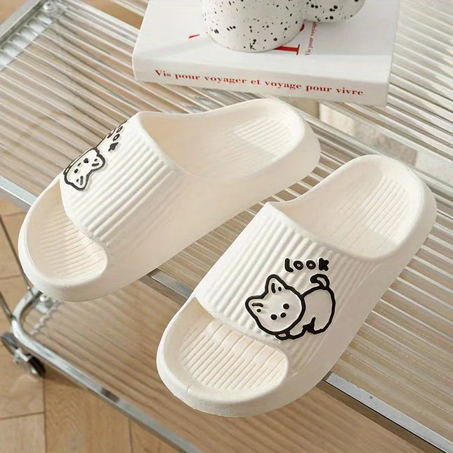 Fun Comfortable Women's SLippers Chic Cartoon Kawaii Cat Print Slides Slip-on Bathroom EVA Flat Heel Indoor Summer Fashion