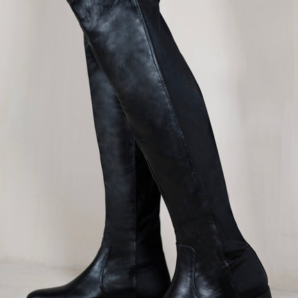 DIEM OVER THE KNEE PULL ON BOOTS WITH LOW HEEL IN BLACK FAUX LEATHER