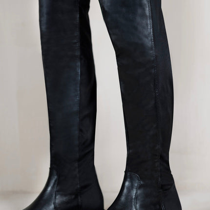 DIEM OVER THE KNEE PULL ON BOOTS WITH LOW HEEL IN BLACK FAUX LEATHER