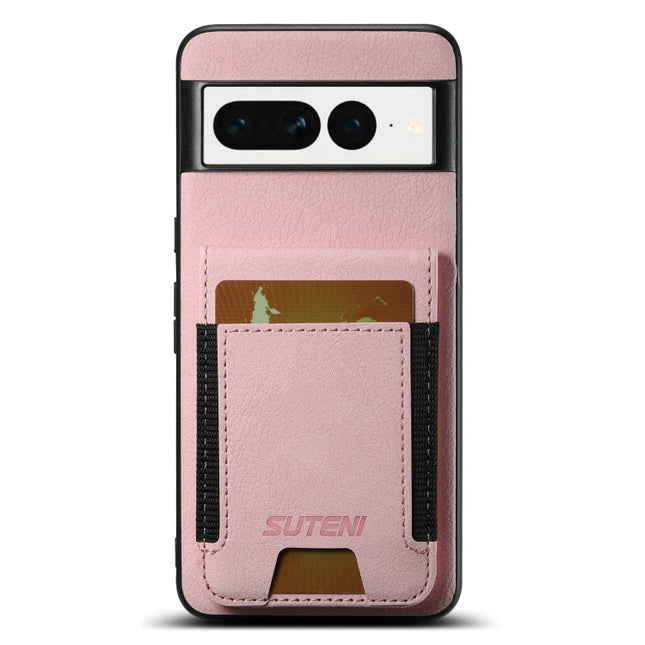 For Google Pixel 7 Suteni H03 Litchi Leather Card Bag Stand Back Phone Case(Pink)