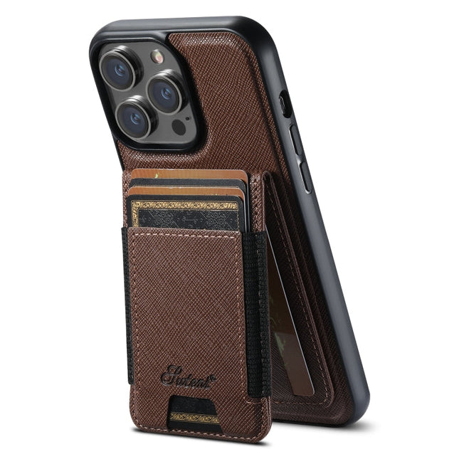 For iPhone 16 Pro Suteni H17 Cross Grain Leather MagSafe Detachable Wallet Phone Case(Brown)