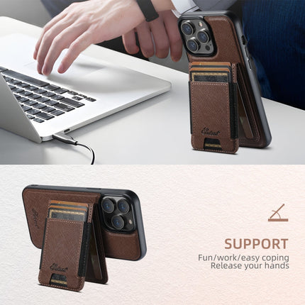 For iPhone 16 Pro Suteni H17 Cross Grain Leather MagSafe Detachable Wallet Phone Case(Brown)