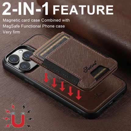 For iPhone 16 Pro Suteni H17 Cross Grain Leather MagSafe Detachable Wallet Phone Case(Brown)
