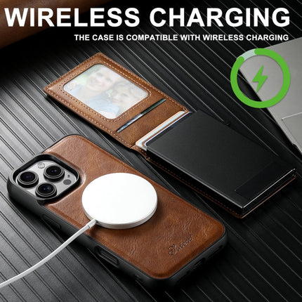 For iPhone 15 Suteni H19 Oil Wax 2-in-1 MagSafe Removable Card Box Back Phone Case(Brown)
