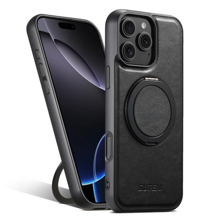 For iPhone 16 Pro Suteni G3 Oil Wax 360 Rotation Holder MagSafe Back Phone Case(Black)