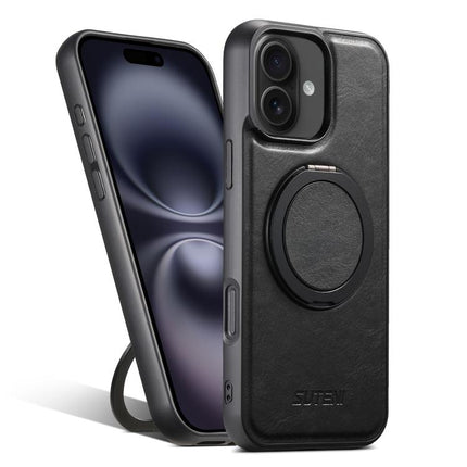 For iPhone 16 Plus Suteni G3 Oil Wax 360 Rotation Holder MagSafe Back Phone Case(Black)