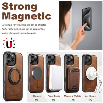 For iPhone 16 Suteni G3 Oil Wax 360 Rotation Holder MagSafe Back Phone Case(Brown)