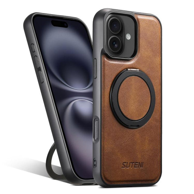 For iPhone 16 Suteni G3 Oil Wax 360 Rotation Holder MagSafe Back Phone Case(Brown)