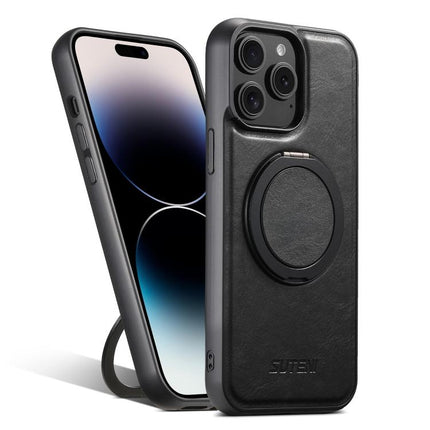 For iPhone 14 Pro Max Suteni G3 Oil Wax 360 Rotation Holder MagSafe Back Phone Case(Black)