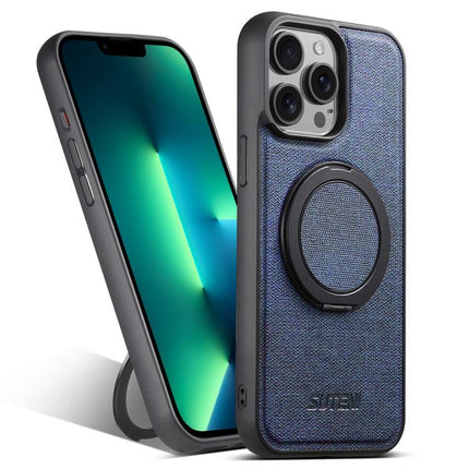 For iPhone 13 Pro Max Suteni G3 360 Rotation Holder MagSafe Denim Leather Back Phone Case(Blue)