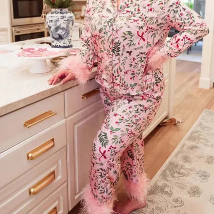 Women's Christmas Tree Plaid Satin Print Pajama Set