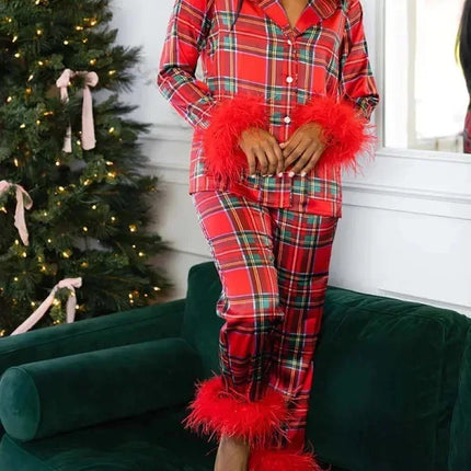 Women's Christmas Tree Plaid Satin Print Pajama Set