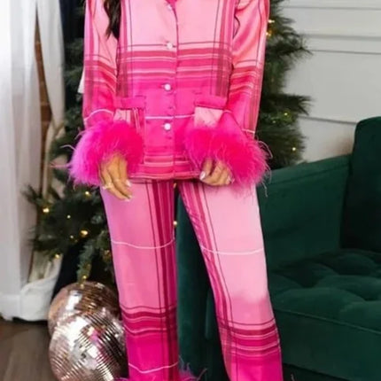 Women's Christmas Tree Plaid Satin Print Pajama Set