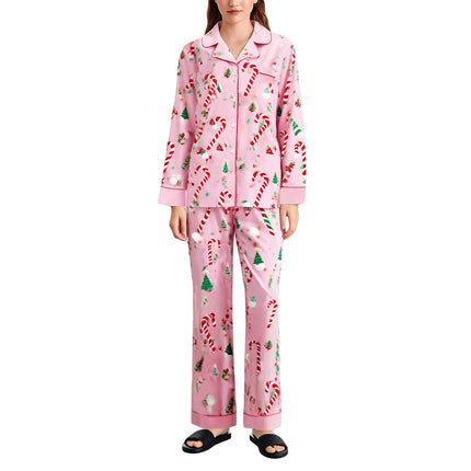Women's Satin Pajama Set Santa Claus Print Long Sleeve Button up Shirt And Pants for Christmas Loungewear