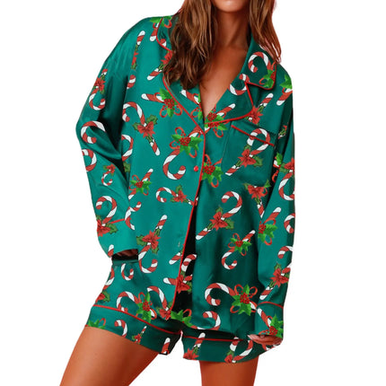 Women's Cute Christmas Pajamas Set Plaid/Santa Print Long Sleeve Button up Shirt & Short
