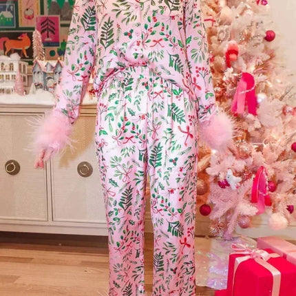 Women's Christmas Tree Plaid Satin Print Pajama Set