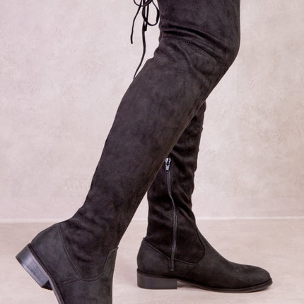 SHAERA STRETCH OVER THE KNEE FLAT BOOTS IN BLACK SUEDE