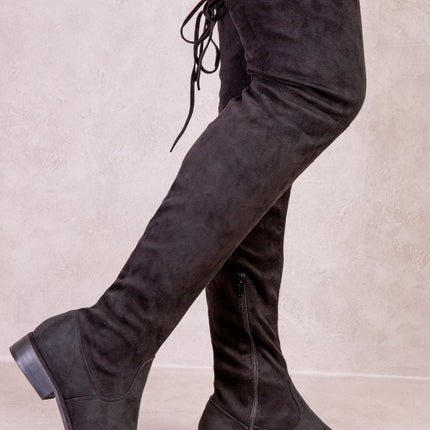 SHAERA STRETCH OVER THE KNEE FLAT BOOTS IN BLACK SUEDE