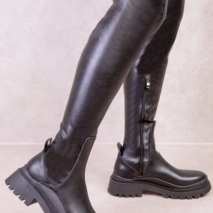 AURORA CHUNKY PLATFORM STRETCH CALF BOOTS IN BLACK FAUX LEATHER