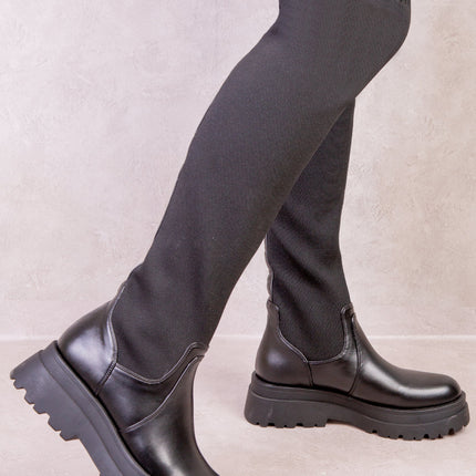 ALYSE CHUNKY PLATFORM KNITTED STRETCH CALF BOOTS IN BLACK