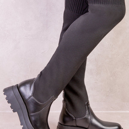 ALYSE CHUNKY PLATFORM KNITTED STRETCH CALF BOOTS IN BLACK