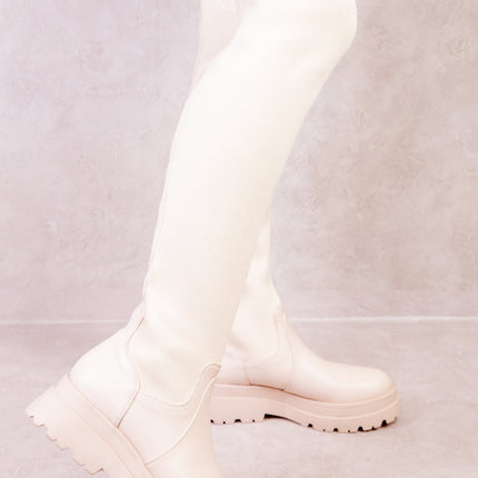 ALYSE CHUNKY PLATFORM KNITTED STRETCH CALF BOOTS IN IVORY CREAM
