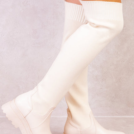 ALYSE CHUNKY PLATFORM KNITTED STRETCH CALF BOOTS IN IVORY CREAM