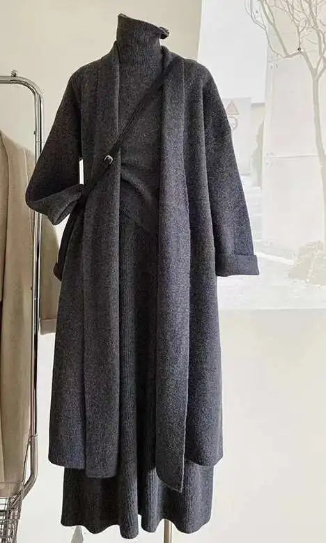 Elegant Knitted 3 Piece Set Women Long Cardigan Coat Sleeveless Vest High Waist A-line Long Skirt