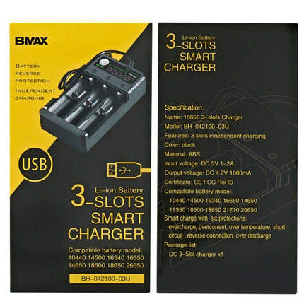BMAX 18650 3 Slot USB Charging Seat 3.7/4.2V Independent Lithium Battery Charger