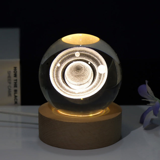 6cm With Warm Light Base 3D Laser Engraved Crystal Ball Night Light USB Glowing Glass Ball, Solar System, Saturn, Moon