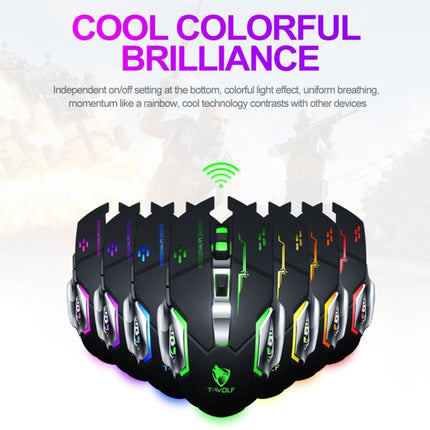 T-WOLF Q13 2.4GHz 6-keys RGB Colorful Light Gaming Wireless Mouse, Color: Single Mode Black