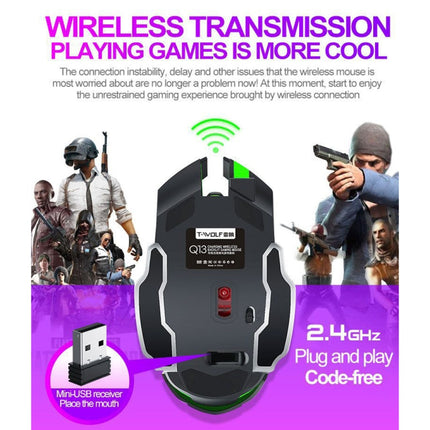 T-WOLF Q13 2.4GHz 6-keys RGB Colorful Light Gaming Wireless Mouse, Color: Single Mode Black