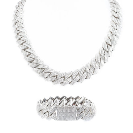 19mm Iced Prong Cuban Chain + Bracelet - White Gold