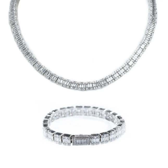 8mm Baguette Chain + Bracelet - White Gold