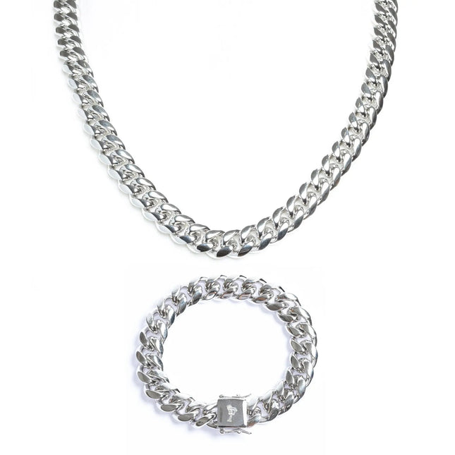 14mm Miami Cuban Chain + Bracelet - White Gold