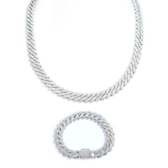 12mm Iced Prong Cuban Chain + Bracelet - White Gold