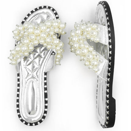 EVE PEARL EMBELLLISHED FLAT SLIDER SANDALS IN SILVER