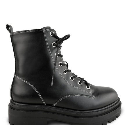 ANNIE CHUNKY PLATFORM ANKLE BOOT WITH LACE UP DETAIL IN BLACK FAUX LEATHER