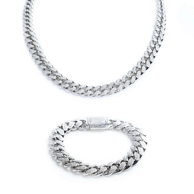 12mm Iced Miami Cuban Chain + Bracelet - White Gold