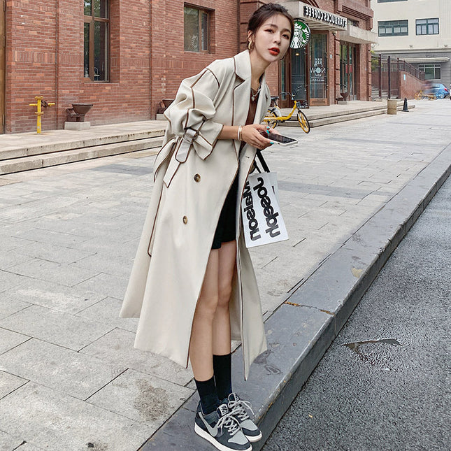 Apricot Double-breasted Thin Windbreaker Women's Mid-length Long-sleeved Coat