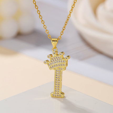 1PCS Fashionable Gold Diamond Crown Uppercase Letter Popular Pendant Necklace Suitable For Daily Use Festivals Parties Gifts Jewelry Set