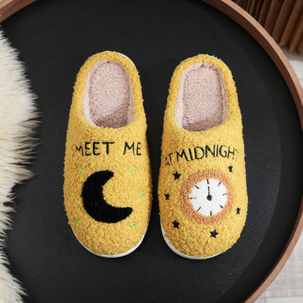 Cosy Moon & Clock Print Slippers - Plush Memory Foam House Shoes for Women | Anti-Slip Winter Warmth