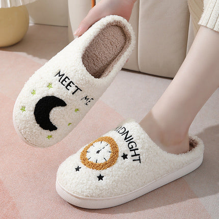 Cosy Moon & Clock Print Slippers - Plush Memory Foam House Shoes for Women | Anti-Slip Winter Warmth