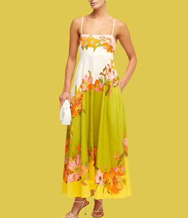 Casual Summer Dress For Women -  High Waist Sleeveless Linen Swing Dress in Elegant Print