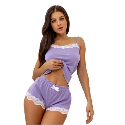 Women's Lace-trimmed Ribbed Camisole And Shorts Pajama Set