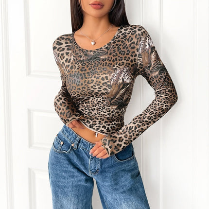 Leopard Print Long Sleeve Top - Vintage Animal Print Shirt for Women