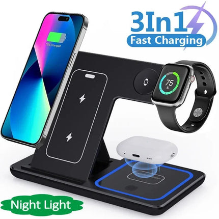 3-in-1 Wireless Charger Station - 15W Fast Charging Stand for iPhone, Apple Watch & AirPods